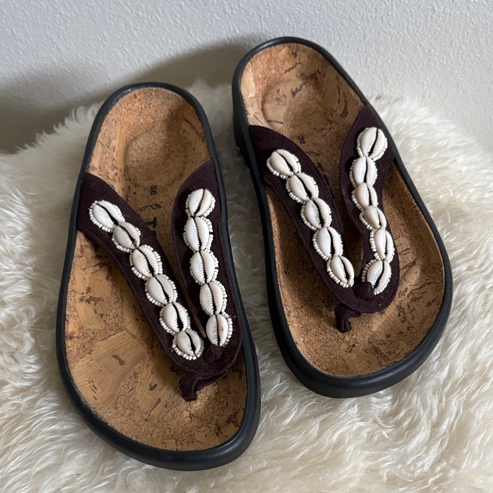 Birkenstock Dark Brown Sandals with White Accents